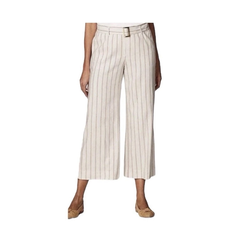 New J. Jill Linen Jenna Stretch Belted Cropped Pants Beige Pink Stripes Medium P